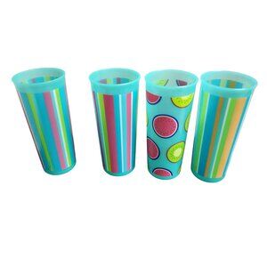 Tupperware Set Of 4 Multicolor Striped & Fruit Print Plastic Tumbler Cups